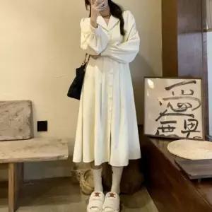 코듀로이 진주단추 슬림핏 뒷밴딩 카라 넥 롱 원피스