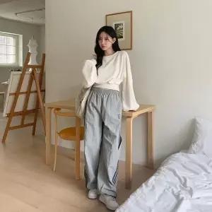 [하프클럽/]여성 퍼프 소매 오프숄더 크롭 골지 맨투맨