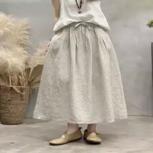 스커트 봄 빈티지 여친 롱 데일리 A라인 린넨 솔리드 밴딩 허리 스트링 스포M1