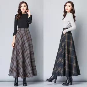 여성용 모직 빈티지 추동 체크 롱스커트 스포M3