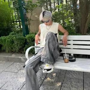 빈티지 남자 니트 브이넥 펀칭 나시 얇은 풀오버 민소매 댄디 M스포1