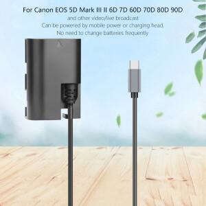 LP-E6 더미 배터리 USB-C/Type-C 전원 어댑터 Canon EOS R5 R6 5DS 7D 6D 90D 카메라