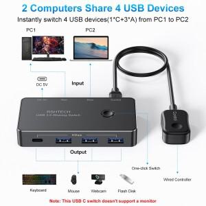 RSHTECH USB C KVM 스위처 (컨트롤러 포함) 2대 컴퓨터 공유, 4개 3.0 포트 (5Gbps), 키보드/마우스/USB