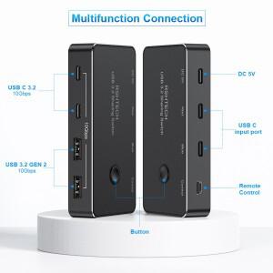 RSHTECH USB 3.2 스위치 2 In 및 4 Out C KVM 10Gbps 공유 키보드 마우스 프린터 컨트롤러가있는 허브