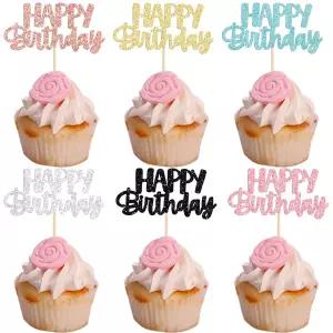 Gyufise 24Pcs 생일 축하 컵케이크 토퍼 글리터 음식 추천 파티 케이크 장식 용품 6가지 색상