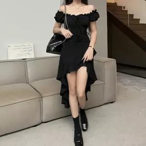 하계 원피스 치마 여자 롱 여성패션 쉬폰 언밸런스 일자 어깨 슬림핏 홀터넥 DL2