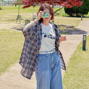 체크 후드 반팔 남방 오버핏 여성 빅사이즈