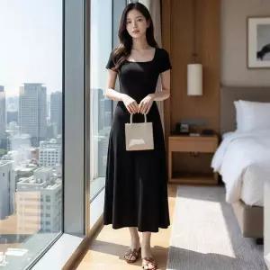 [옷자락]여자 스퀘어넥 반팔 슬림 플레어 롱원피스