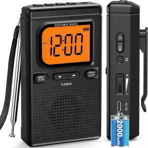 2000mAh 충전식 AM FM 라디오와 블루투스 휴대용 트랜지스터 포켓 최고의 수신 디지털 튜닝 손전등 LCD