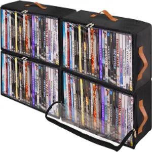 Frlanse 4팩 DVD 보관함 전면 지퍼가 달린 투명 창과 손잡이가 있는 스태커블 옥스포드 패브릭 케이스 홀더