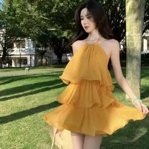 원피스 스커트 여사친 아이템 쉬폰 홀터넥 트렌디 바캉스 미니드레스 섬 비치 HT1