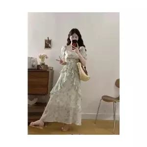 여성 트렌디 아이템 원피스 쉬폰 프렌치 네크라인 도라지 스커트 여름 보카시 롱 HT2