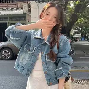 데님 여자가죽 항공잠바 차이나카라 여성 크롭 잠바 찢청 자켓