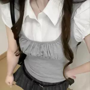 [라일리여성의류] Rly 셔링 조끼 레이어드 카라 퍼프 소매 블라우스 셔