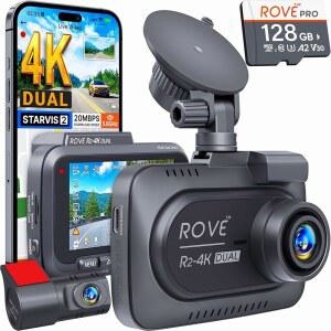ROVE R2-4K 듀얼 대시캠 전면 후면 STARVIS 2 센서 128GB 카드 무료 포함 5G WiFi - 앱으로 최대 20MB/s의 가장 빠른 다운로드 속도 4K 2160P / 차량용 FHD 대시 카메라 3인치 IPS 24시간 주차 모드