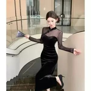 미에스틸로 가을 빈티지 치마 원피스 여성용 망사 옷 트임 에이치 슬림핏 변형 H라인 ADOR3