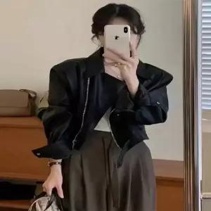 솜브레로스 여자 빈티지 가을 긴팔 PU 자켓 코트 가죽 DOS3
