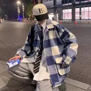 하프 모직 가을 남자하프코트 코트 체크 자켓 스타일 루즈핏 ible3