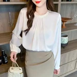 [신상오픈런]|CCH44B9|여성용 봄 가을 긴팔 라운드넥 핀턱 기본 블라우스
