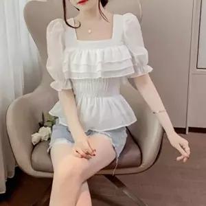 [신상오픈런]|CCH44D2|여성용 봄 여름 데일리 스퀘어넥 퍼프 소매 크롭 블라우스