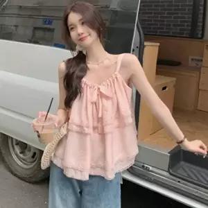 [신상오픈런]|CCH44C3|여성 여름 레이스 프릴 시스루 끈 나시 블라우스
