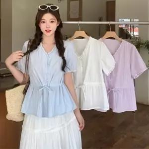 [신상오픈런]|CCH44C2|여성용 여름 브이넥 레이스 페플럼 블라우스