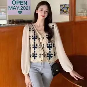 [신상오픈런]|CCH44A8|여성 일상 스타일 사랑스러운 플라워 시스루 블라우스