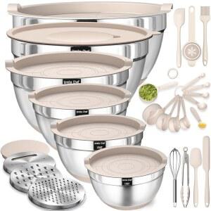 밀폐 뚜껑이 있는 믹싱 볼 강판 부착물이 26PCS 스테인리스 스틸 카키 미끄럼 방지 바닥 및 주방 기기 세트 사이즈 7 4 2 5 0 1 1QT 서빙에