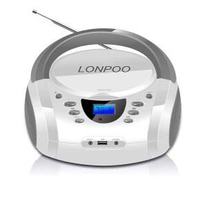LONPOO CD 플레이어 휴대용 붐박스 FM 오디오 스피커 AUX 이어폰 블루투스 입력 사운드 스테레오 USB 화이트 플레이어 라디오 출력