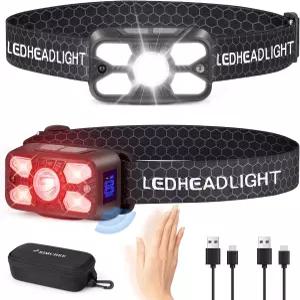 엘름치 충전식 헤드램프 2팩 2500루멘 브라이트 5LED 헤드라이트 7가지 모드 조절 가능 모션 센서 USB-C