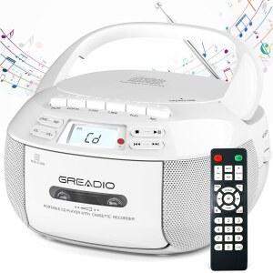 GREADIO CD 플레이어 붐박스 카세트 콤보 리모컨이 AC AUX AM 사운드 LCD USB 드라이브 스테레오 있는 선물용 디스플레이 라디오 DC 헤드폰 FM 녹음 전원 가정 블루투스 테이프