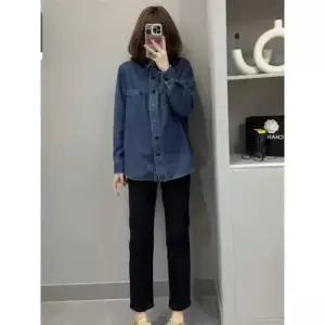 팔콘 청 여성용 여친 캐주얼 봄 가을 셔츠 무지데님 상의 겹쳐 입기 KKE3