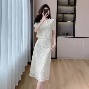 EAMT 치마 여성 투피스 세트 쉬폰 레이스 상의+ 정장 코디 EUNG5