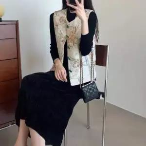 EAMT 스커트 여성 블랙 미디 쉬폰 주름 밴드 H라인 벨벳 EUNG5