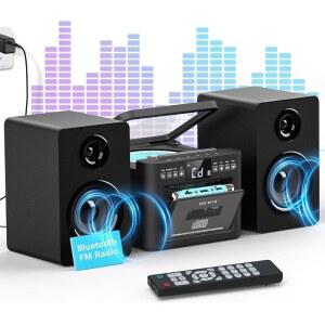 GREADIO 붐박스 CD 카세트 플레이어 콤보가 목재 AUX 시스템 라디오 스테레오 탈착식 FM 가정용 있는 USB 리모컨 스피커 블루투스가 책장 TF 40W