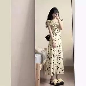 스커트 원피스 롱 여름 티쉬 날개 플라워 프릴 여자원피스 U넥 소매 프렌치 머메이드 쉬폰 원템2