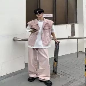 키체샵 남친 분홍 데님 빈티지 코디 헤짐 민소매 팬츠에 조끼 정장 스트레이트 반팔세트 HO1