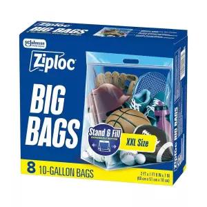 Ziploc Big Bags 37.8L(10갤런) XXL, 재사용 가능한 대용량 플라스틱 보관 가방, 8개입