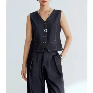 헐크 여친 여성용 네이비 빈티지 캐주얼 봄 오피스룩 쇼트 베스트 원색 브이넥 KKE1