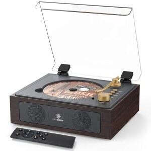 내장 스피커가 있는 CD 플레이어 블루투스 레트로 플레이어용 리모컨 뮤직 휴대용 포함 월넛 헤드폰 브라운
