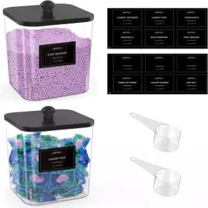 COAZEX 2팩 투명 세탁 포드 용기 플라스틱 사각형 세탁실 정리 및 보관 검은색 뚜껑 스쿱 세제 파우더