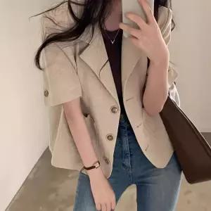 여자 여름 캐주얼 린넨 코트 쓰리버튼 터틀넥 자켓 복고풍 정장 루즈핏 반팔 OP2