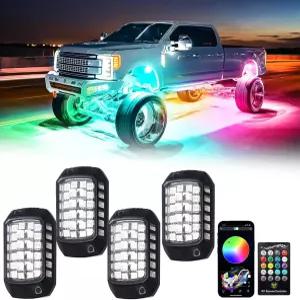 RGB LED 락 라이트 키트 블루투스 앱 컨트롤 플래시 음악 모드 휠 웰 장착된 4개의 포드 언더글로우