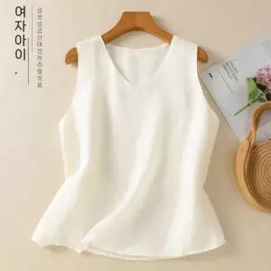 EAMT 면 캐주얼 여친 나시 컴포트 배기 슬림핏 민소매 브이넥 린넨 솔리드 톱 YJ1
