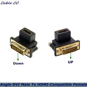 컴퓨터  HDTV에 사용되는 HDMI 호환 암 어댑터에 대한 90도 각도 DVI 남성. TV 산업용 기계 및 그래픽 카드