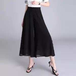 EAMT 바지 치마 블랙 여자 여름 패치 쉬폰 레이스 와이드 빅웨이스트 A라인 슬림핏 9부 EUNG2