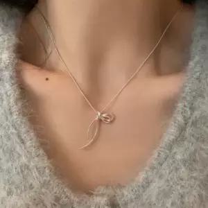리본 발레리나 체인 목걸이 일상용 은빛 메탈 파티 무대용 크리스탈 초커 화려한 실버