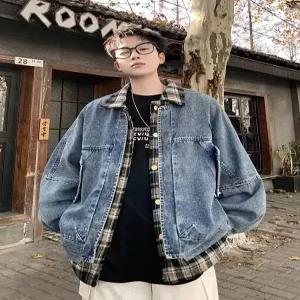 GLINE 남성용 데님 춘추 빈티지 투피스 커플 가짜 청자켓 자켓 코트 체크 워싱 JEN3