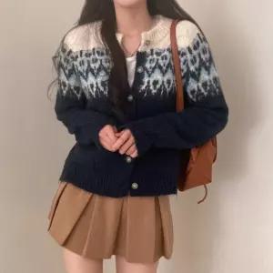 겨울 패턴 도톰 여성 예쁜 긴팔 니트 가디건 네이비 눈꽃 여자 노르딕 라운드 간절기