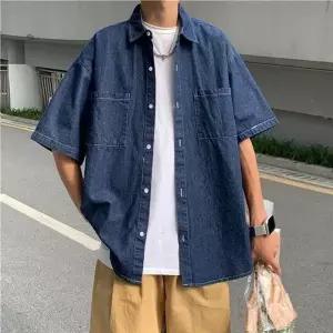 [RIZPICK]데님 소재 남녀공용 캐주얼 오버핏 반팔 셔츠 여름 청남방 2컬러